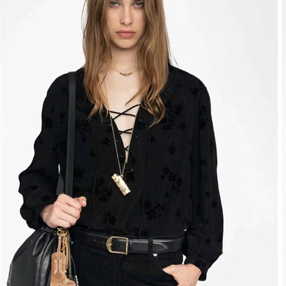 Zadig & Voltaire Tamala Black Floral Lace-Up V-Neck Women's top tunic size xxs - Picture 3 of 10